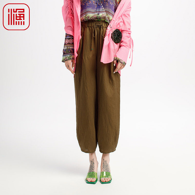 松紧腰直筒显瘦九分裤女灯笼刺绣