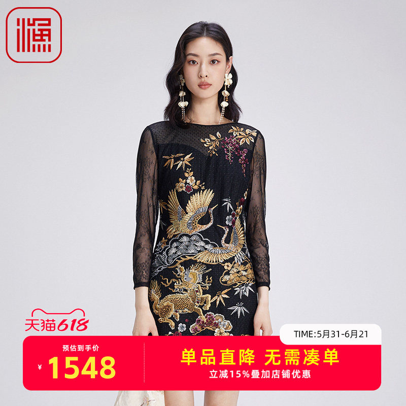 渔牌女装连衣裙2024新款女秋冬新中式重工国潮绣花蕾丝裙FGGD0033