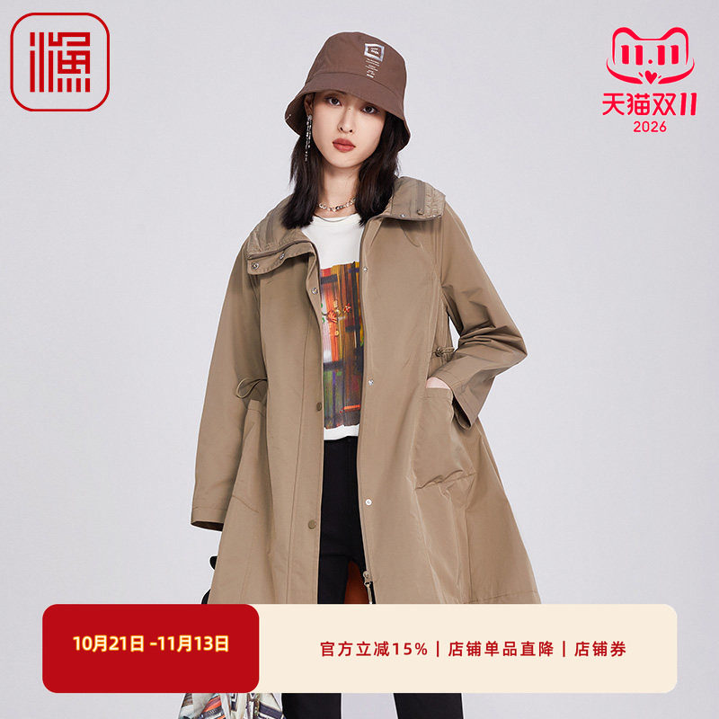 渔牌女装2025年新款高立领长款及膝宽松印花带帽风衣外套FGHA3042