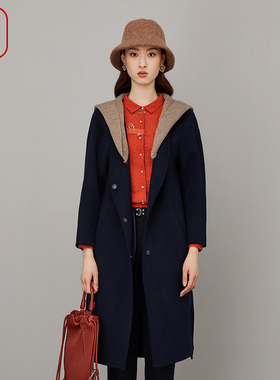 渔牌女装外套女2023新款休闲带帽大翻领羊毛双面呢料大衣FGFC3229
