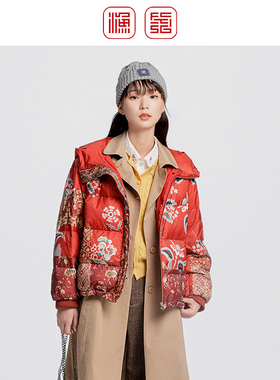 渔服饰羽绒服女款2024新款短款鸭绒带帽印花休闲羽绒外套FGGC5017