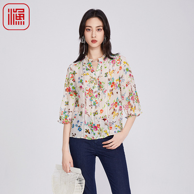 渔女装春装女款2025年新款真丝桑蚕丝新中式印花衬衫衬衣FGHA2235