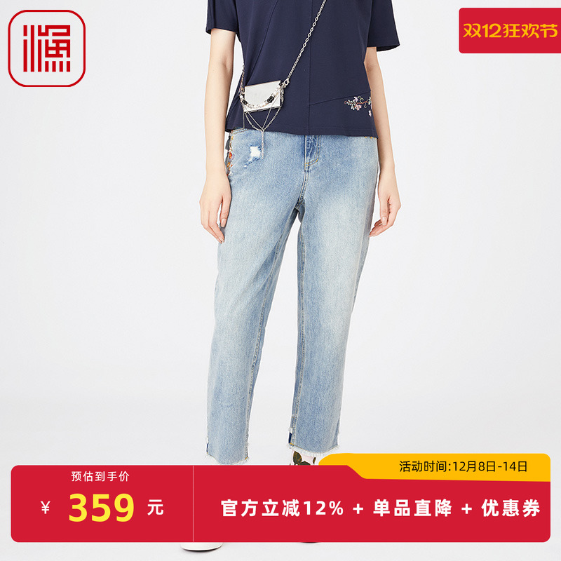 渔牌女装牛仔裤女2024年新款春夏款复古绣花破洞直筒长裤FGGA6002