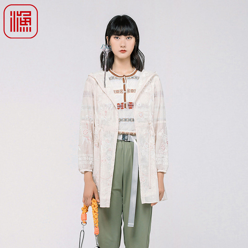 渔牌女装2024新款春款绣花抽绳收腰中长款带帽休闲薄外套FGGA3026