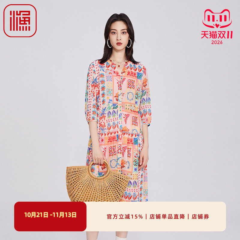 渔牌女装连衣裙2025新款宽松抽绳收腰印花休闲雪纺长裙子FGHA0029