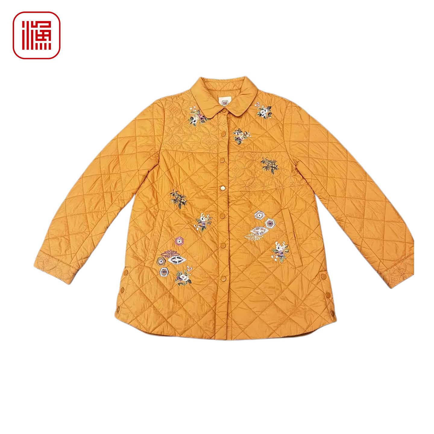 渔牌秋冬薄棉服菱格刺绣中长款