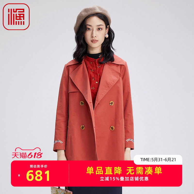 渔牌女装2024早秋新款外套双排扣大翻西装领休闲中长外套FGGC3051