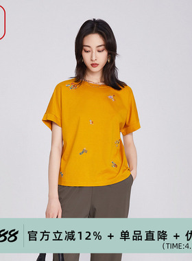 FISHING渔牌女装短袖女t恤2025新款简约刺绣花宽松上衣服FGHB2013