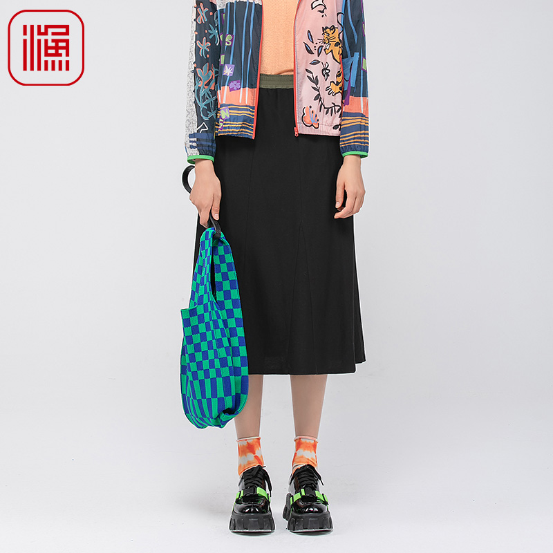 渔牌女装裙子女春夏季2024新款纯棉弹力腰休闲伞形中长裙FGGB7206