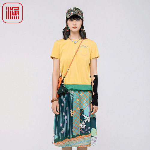 FISHING短袖t恤女2024新款简约撞色拼接潮流针织休闲上衣FGGB2008