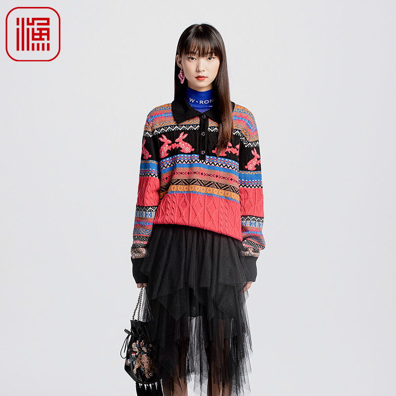 渔服饰女装上衣女2024新款秋冬翻领横纹撞色休闲针织毛衣FGGD1033