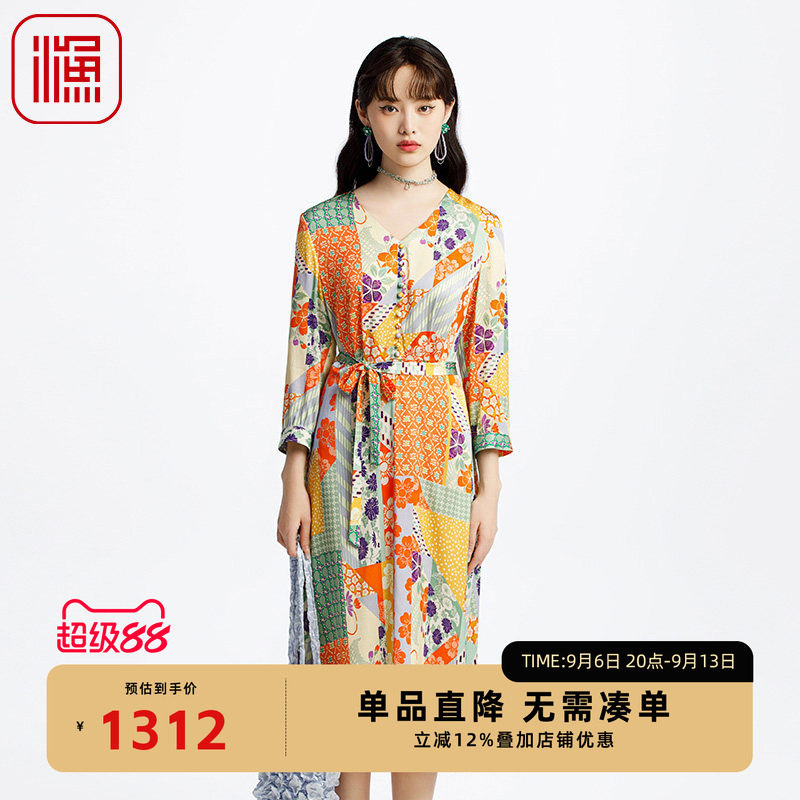 渔牌女装连衣裙2025新款春夏薄款弹力V领印花裙子FGHA0059
