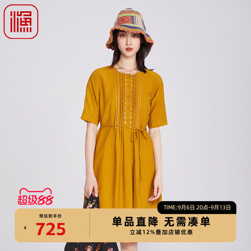 渔牌女装2025春季流行单品压皱绣花系带收腰花边连衣裙子FGHA0063