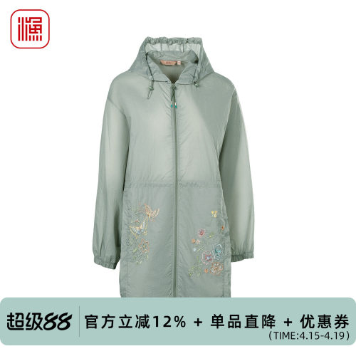 渔新中式刺绣连帽中长女外套