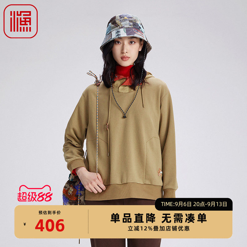 渔女装卫衣女秋冬2024新款连帽高领绣花棉质宽松针织上衣FGGD2537