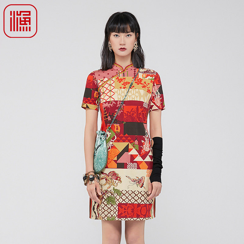 渔牌女装连衣裙2024新款女春夏棉印花撞色休闲短袖改良旗袍FGGA00