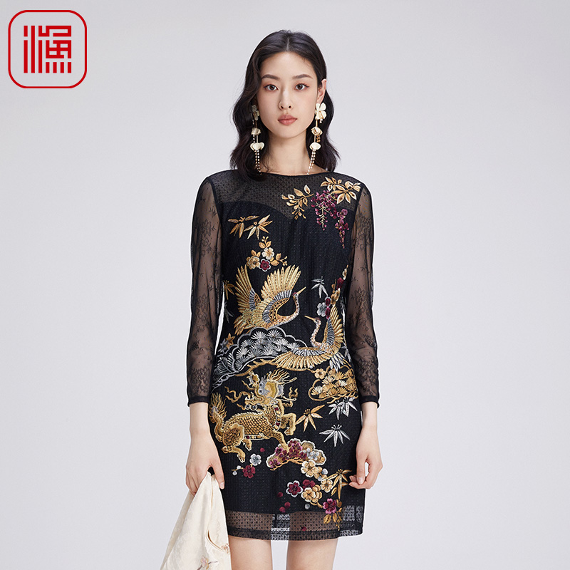 渔牌女装连衣裙2024新款女秋冬新中式重工国潮绣花蕾丝裙FGGD0033