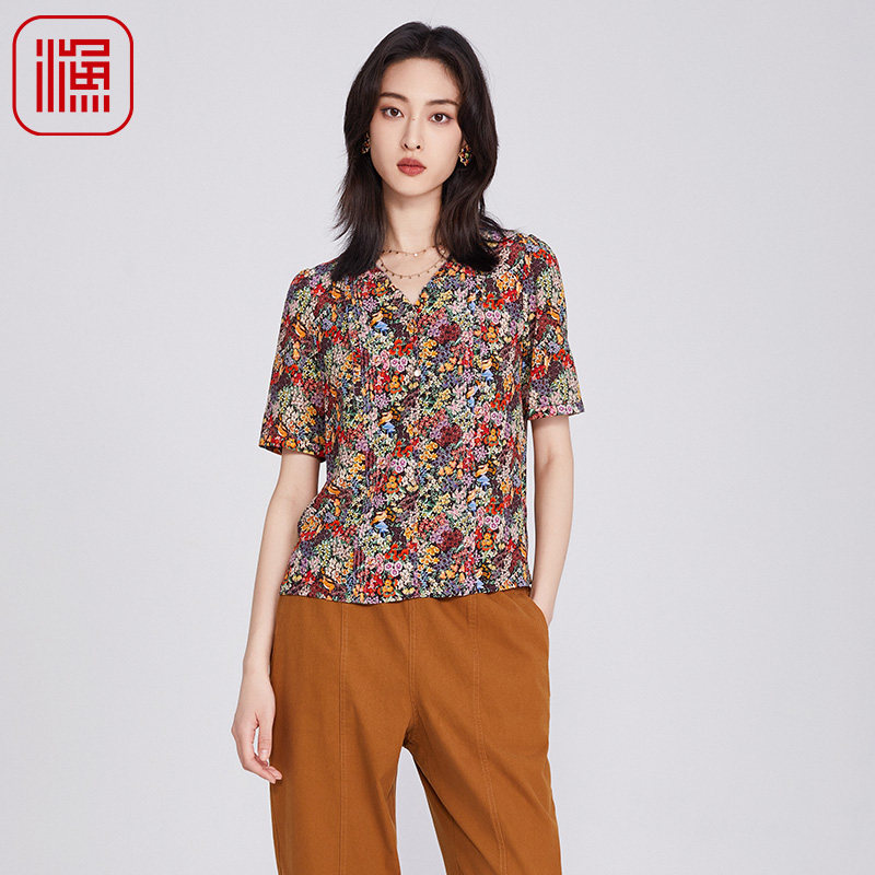 渔服饰中式国风女装2025新款V领印花真丝弹力衬衫上衣女FGHB2281