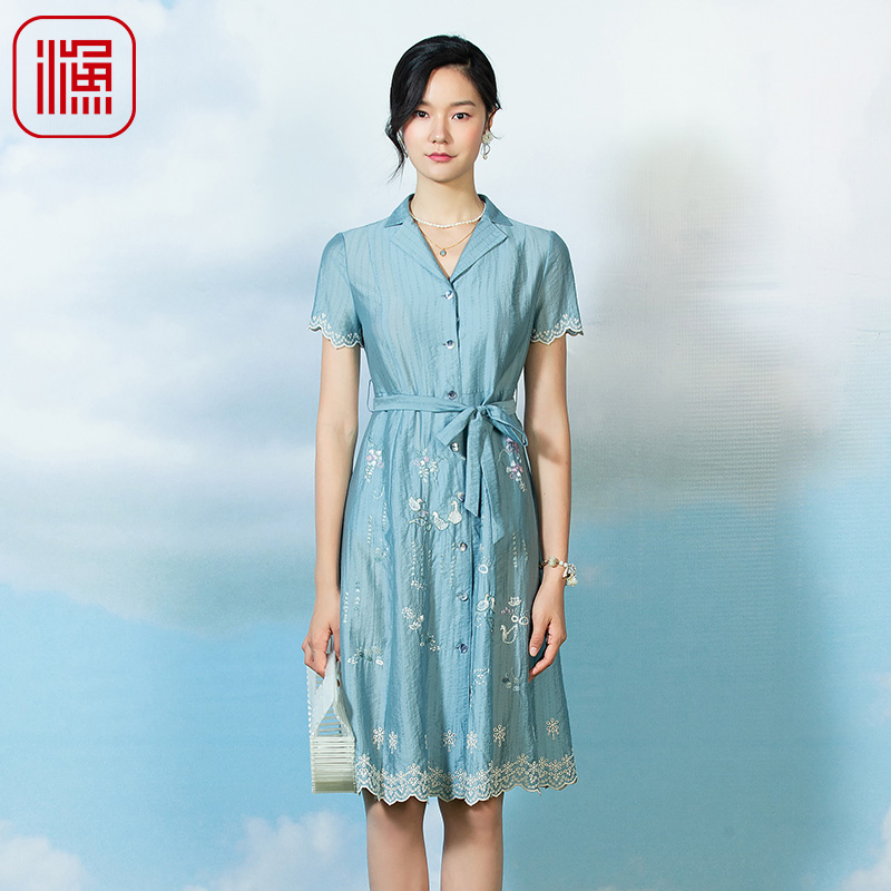 渔女装裙子女夏季2023新款天丝刺绣花新国风西装领连衣裙FGFB0025