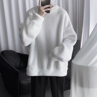 慵懒风白色羊羔绒男秋冬韩版学生宽松毛绒绒软糯卫衣男针织衫潮流