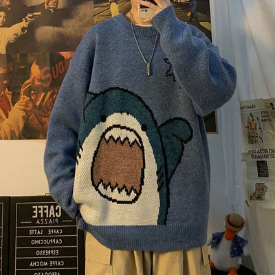 秋冬卡通复古鲨鱼提花毛衣日系
