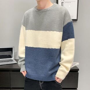 冬季新款潮流圆领套头毛衣男士针织衫打底拼色宽松休闲青少年上衣
