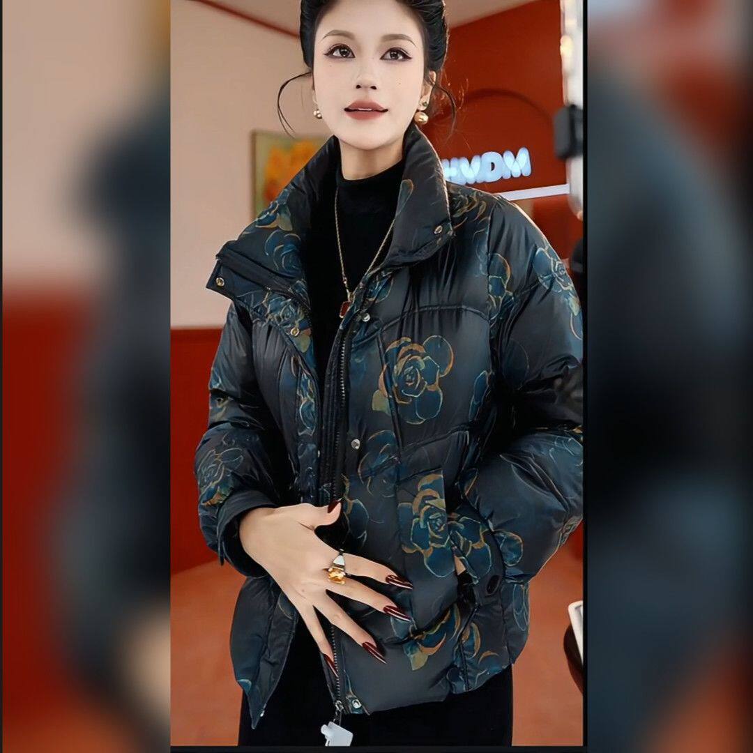 冬季妈妈短款牡丹花加厚羽绒服