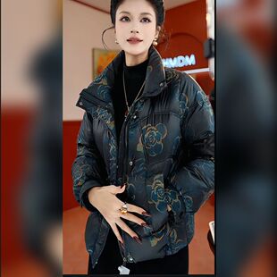 妈妈羽绒服短款复古牡丹花冬季加厚防寒服中年妇女宽松显瘦外套
