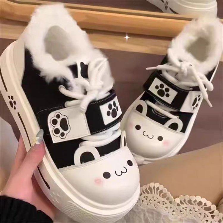 宅系圆滚滚可爱软萌lo鞋大头厚底帆布鞋女增高lolita冬季加绒板鞋