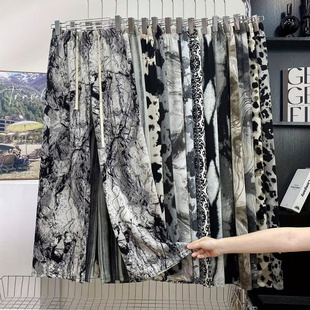 水墨画竖条纹冰天丝阔腿裤 女夏宽松凉凉防晒蚊垂感拖地直筒休闲裤