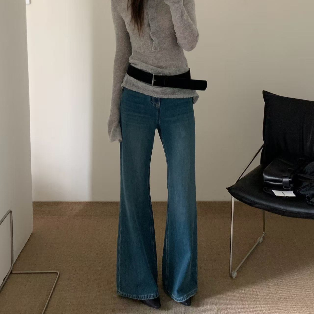 冬款上新TOP欧制广州十三行四面弹简约喇叭裤牛仔裤13298深蓝