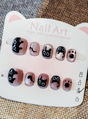 手绘小黑猫美甲 女童卡通指甲贴片6-8-10岁 猫眼儿童穿戴甲纯手工