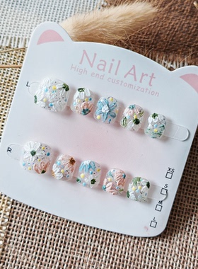 纯手工手绘花朵儿童美甲贴3-6-10岁女童指甲贴防咬指甲短款穿戴甲