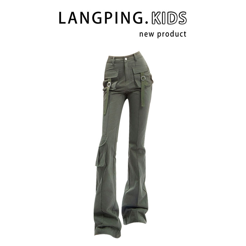 LANGPING KIDS 여름 미국 복고풍 입체 포켓 하이 웨이스트 슬림 마이크로 플레어 바지 바지 인 트렌드