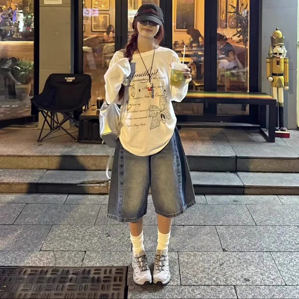 夏季薄款阔腿直筒五分牛仔裤女