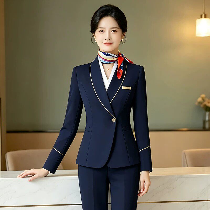新款深蓝色空乘制服套装女航空公司工作服高端美容院工装马甲西装