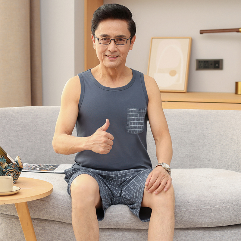 睡衣男款纯棉无袖背心短裤套装2025新款中年爸爸宽松大码