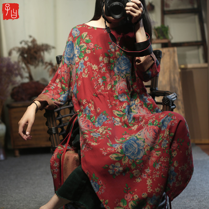 复古民族风印花高开叉连衣裙23春新款宽松大码抽绳纯棉长衫袍子