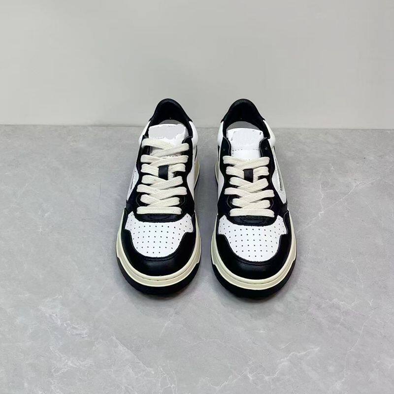 欧洲站真皮圆头系带休闲运动鞋厚底透气百搭黑白拼色低帮小白鞋女