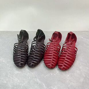 真皮圆头复古镂空粗跟夏季舒适凉鞋女时尚编织一字带时尚罗马鞋