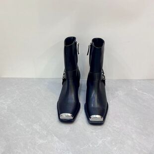 外贸大码时装短靴真皮防踢金属方头机车靴粗跟纯黑加绒保暖女靴41