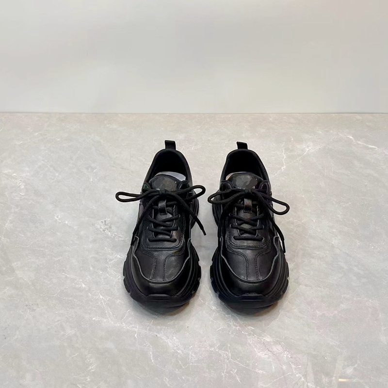 金~lai  真皮圆头厚底轻便老爹鞋纯色系带休闲百搭牛皮运动鞋女