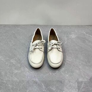 撤柜 真皮圆头系带豆豆鞋平底软面舒适百搭套脚乐福鞋