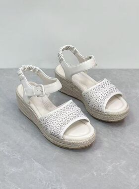 原~dan出口真皮一字带冲孔透气夏季女凉鞋坡跟舒适百搭休闲女鞋