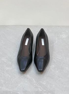 36码时尚方头通勤职业工作鞋真皮粗跟纯黑百搭浅口单鞋女