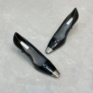 大码40 欧美风真皮方头金属防踢浅口单鞋细高跟漆皮气质百搭女鞋