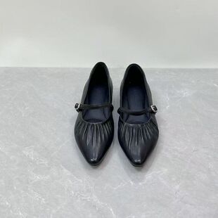 春季真皮皱褶小圆头玛丽珍鞋低跟舒适百搭浅口羊皮单鞋