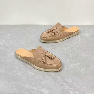 英伦风真皮包头夏季拖鞋低跟休闲外穿淑女流苏舒适百搭穆勒女半拖