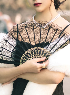 扇子折扇蕾丝黑色舞蹈旗袍jk萝莉Lolita中国复古风暗黑便携随身扇