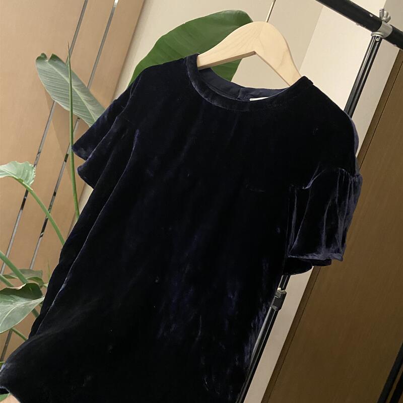 女童春秋儿童甜美礼服洋气荷叶边真丝丝绒短袖桑蚕丝喇叭短袖上衣